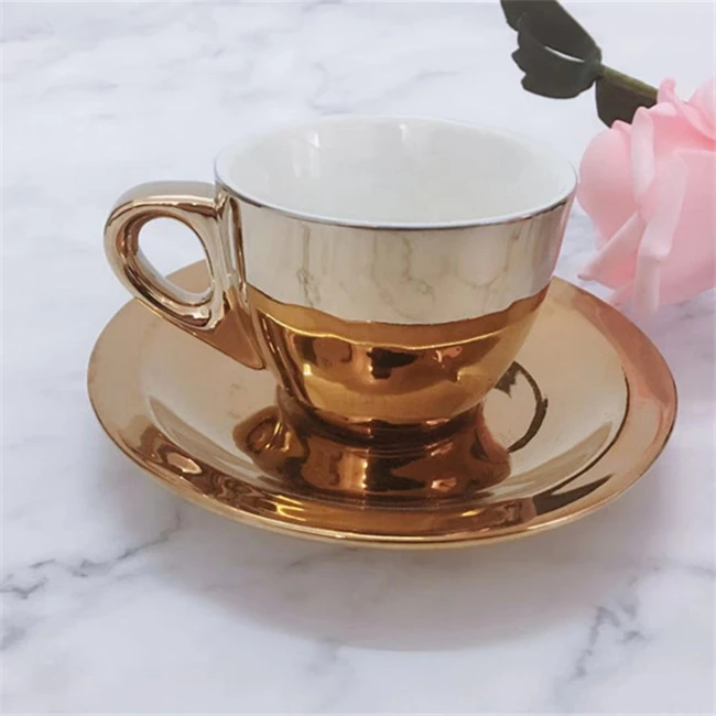 Luxury 12 Pcs Gold And Silver Electroplating Porcelain Coffee/tea Cups And Saucer Set With Rack Espresso cup set