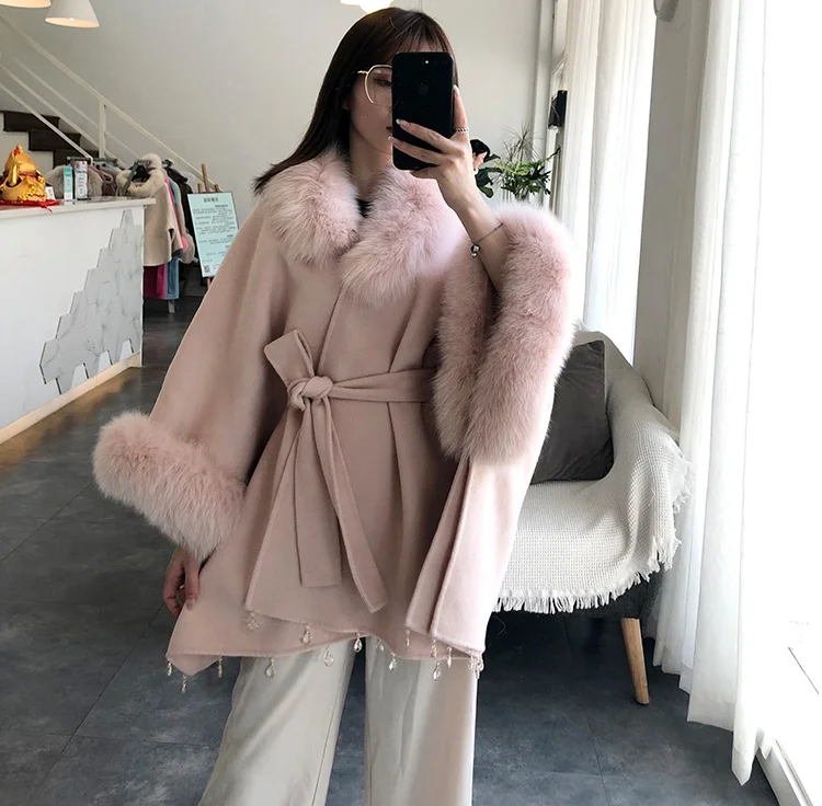 Vintage Cape Poncho Coat Fox Fur Cloak Womens Jacke Bat Sleeve Thick Cardigan Fur Trim Shawl  Wool Cashmere  Outwear Fur Jacket