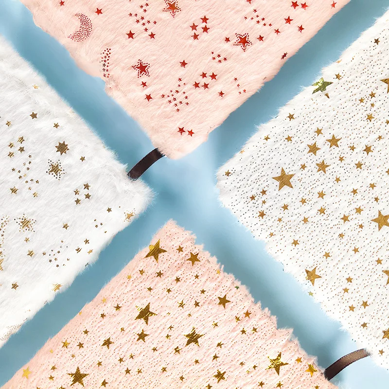 Soododo 80-Page Notebook Gold Stars Embroidery A5 Plush Fabric Cover Student Cross-Border Prize Diary Notepad Magnetic Style