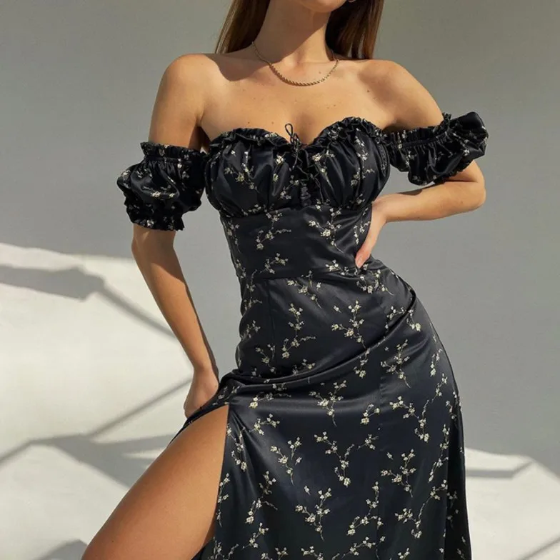 Summer Floral Off Shoulder Puff Sleeve Maxi Dress For Woman Robe Sexy Lace Up Side Split Chic Mid-Calf Aesthetic Floral Dress