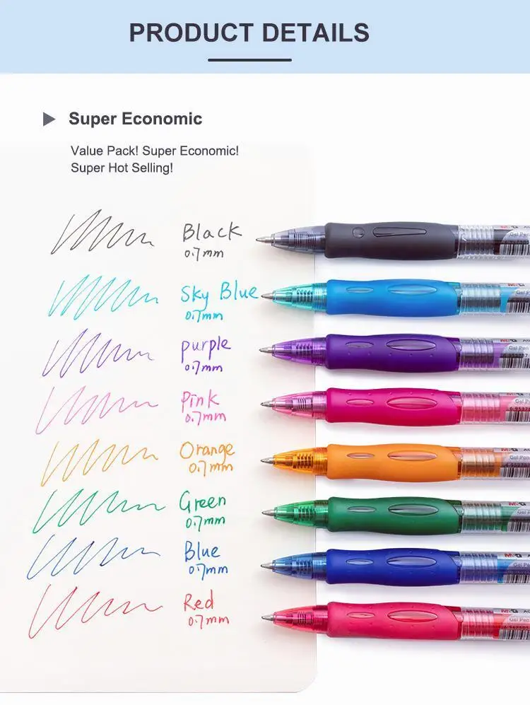 M&G Stationery R5 Wholesale Custom Colored Retractable Gel Ink Pens Multi-Color 0.7mm Writing Width Blue Pink Red Purple Orange