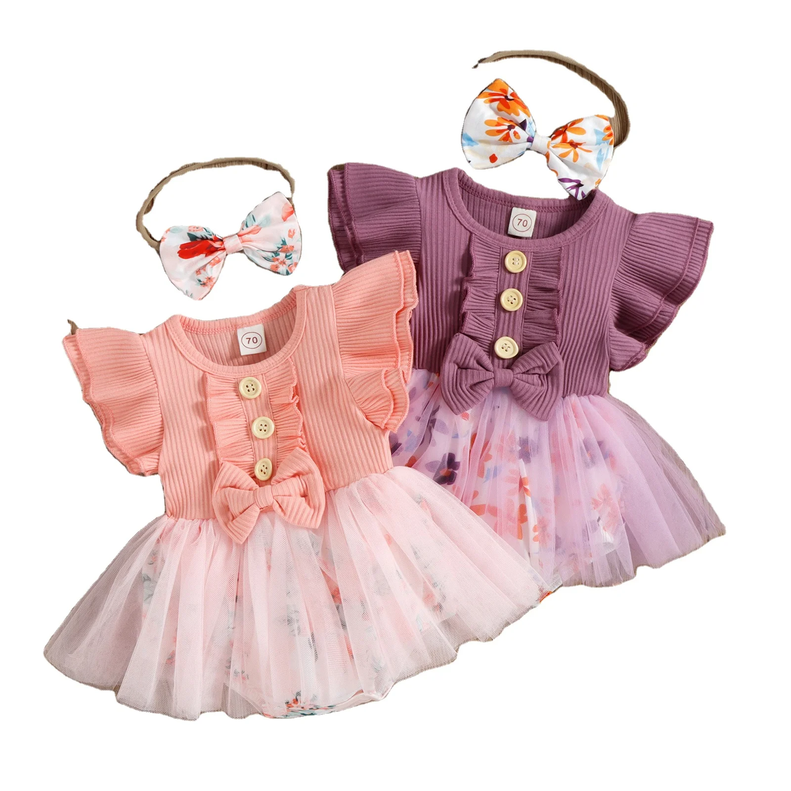 Baby Girl Romper Dress New Born Romper With Bow Set Cute Floral Baby Dress Girls