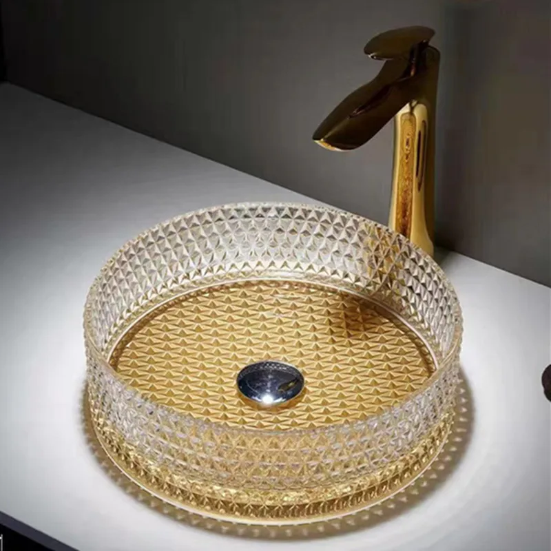 2022 Newest Delivery Bathroom Crystal Wash Basin Transparent Glass Sink Counter Top Amber And Black Art Sink Bowl For Cabinet