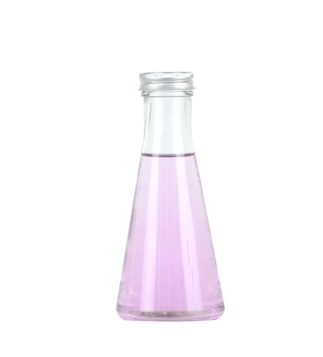 Manufacturer wholesale creative aluminum cap 350ml conical beverage tea milk tea glass bottle