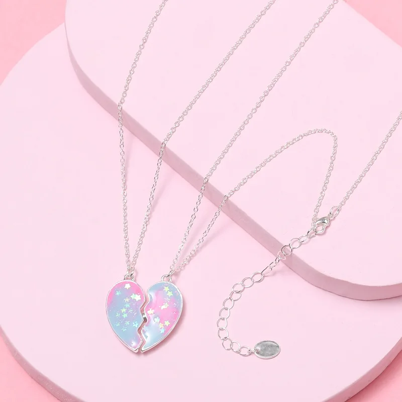 Fashion Handmade BFF Jewelry Enamel Broken Heart Pentagram Sequins Kids Pendants Chain Necklace