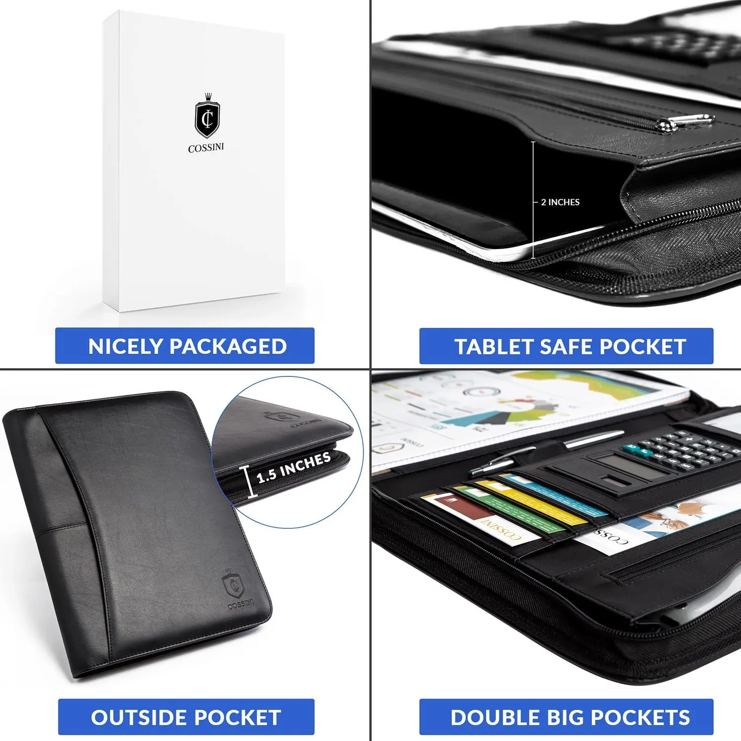 PU Leather Business Portfolio/Padfolio with Zippered Closure and Interior Tablet Sleeve