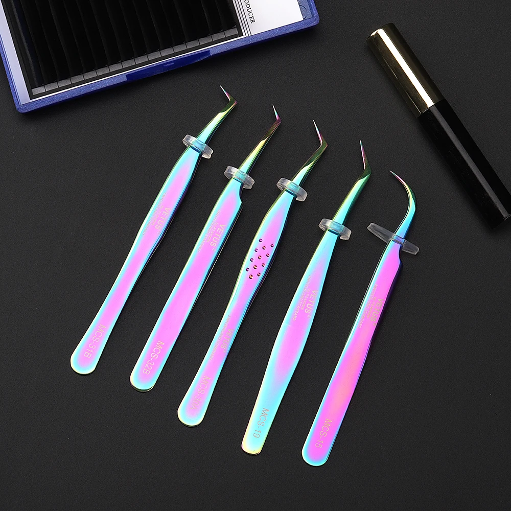 Custom Logo Eyelash Tweezers Rainbow Tweezer Gold Blue Colour Stainless Steel Lash Tweezers For Eyelash Extension