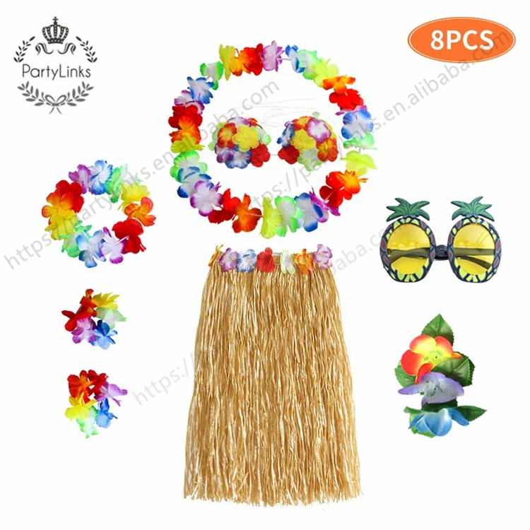 1set Plastic Fibers girls Woman Hawaiian Favors Grass Skirt Cheap costume Flower Hula Skirt 60cm dance dress Party Hawaii Beach
