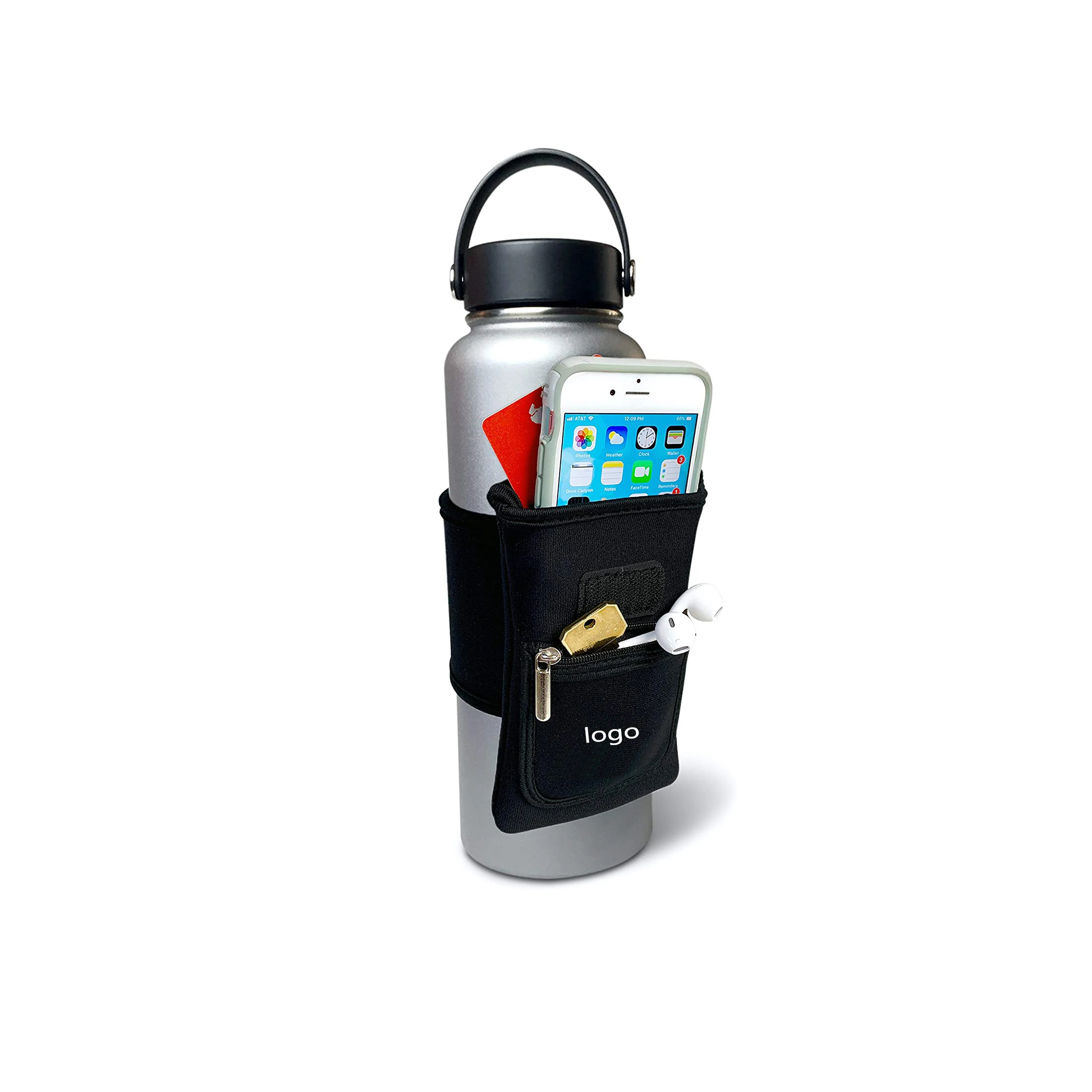 Water Bottle Handle Holder with Pouch - Adjustable Neoprene Bag with Wraparound Strap for The Gym, Hiking, Travel