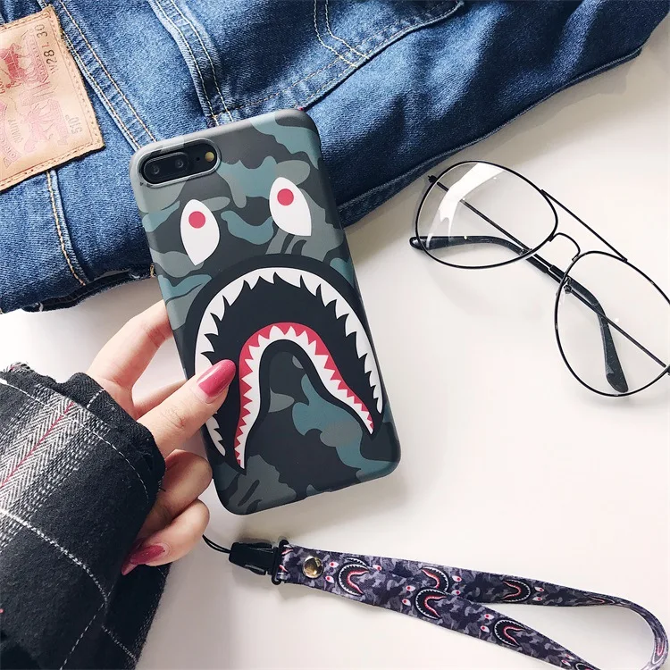 
case for iphone 11 street fashion brand design designer shark phone case with lanyard string keychain 