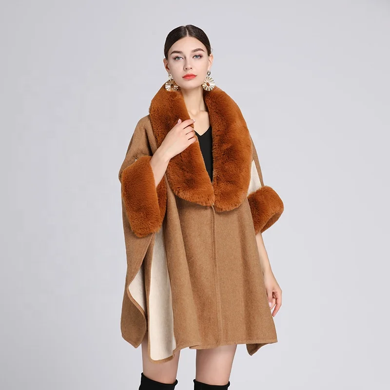 Winter fashion women shawl cape coat faux rex rabbit fur collar plus size loose cardigan