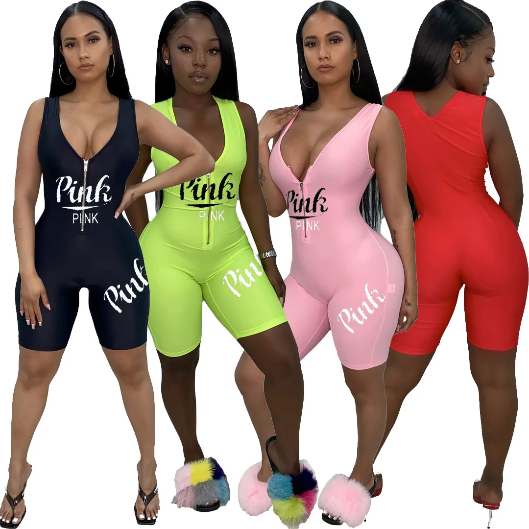 
Wefans 2020 Wholesale Solid color Sport Slimming Zip girls Jumpsuit Women One Piece Short Jumpsuits And Rompers 