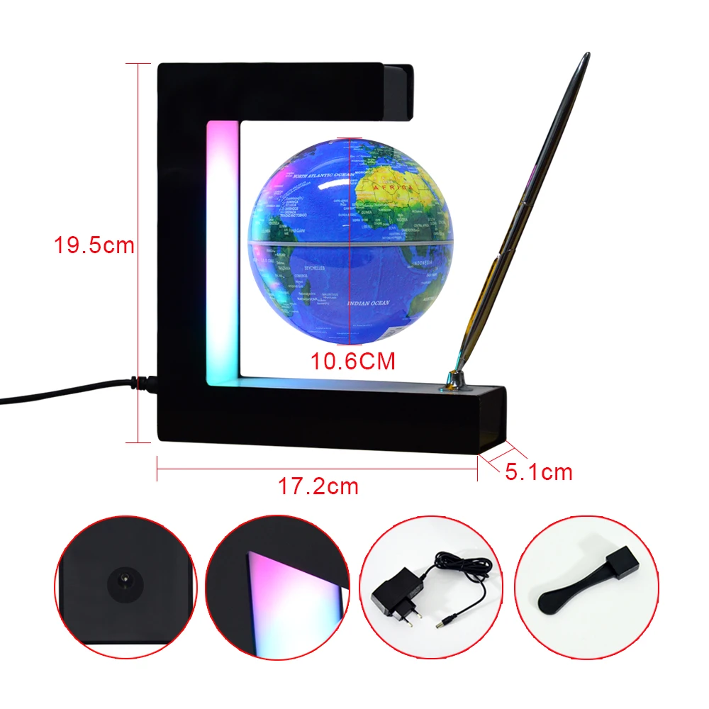 New E shape magnetic floating and rotating 106mm globe with decorative pen
