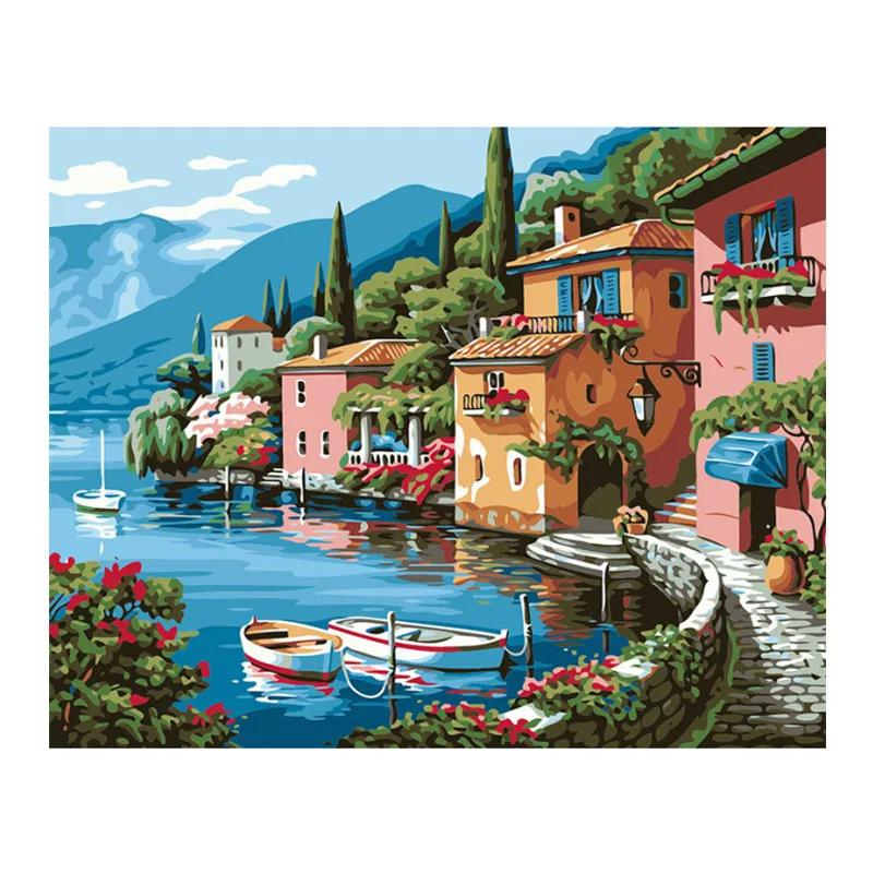 NE123 Custom Handmade Oil Painting Seaside Village House DIY Canvas Paint Kit Landscape Painting by Numbers