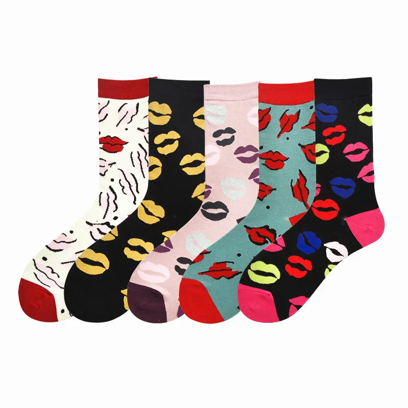 Socksmate OEM trendy fashion socks women funny set designer sexy lady lips red combed cotton color knit soft crew novelty socks