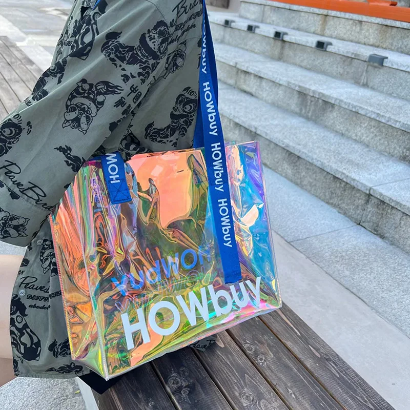 Custom Logo Reusable Waterproof PVC Jelly Hologram Clear Beach Radium handbag Shopping Tote Bag
