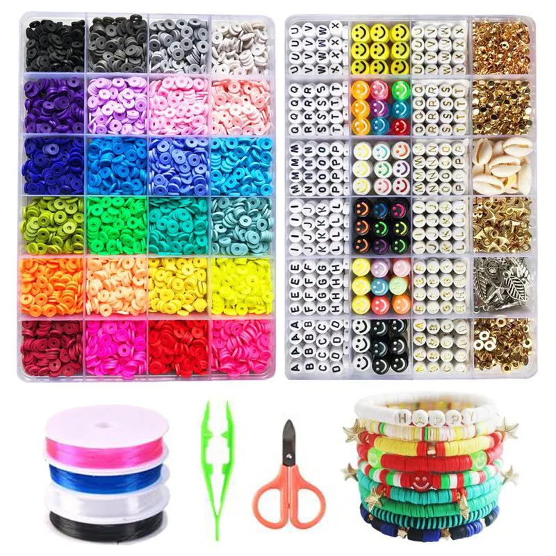 DIY Children Polymer Clay Bead Bracelet Wafer Star Shell Leaf Smile Face 26 Letters Handmade Kids Clay Beads For Bracelet Making