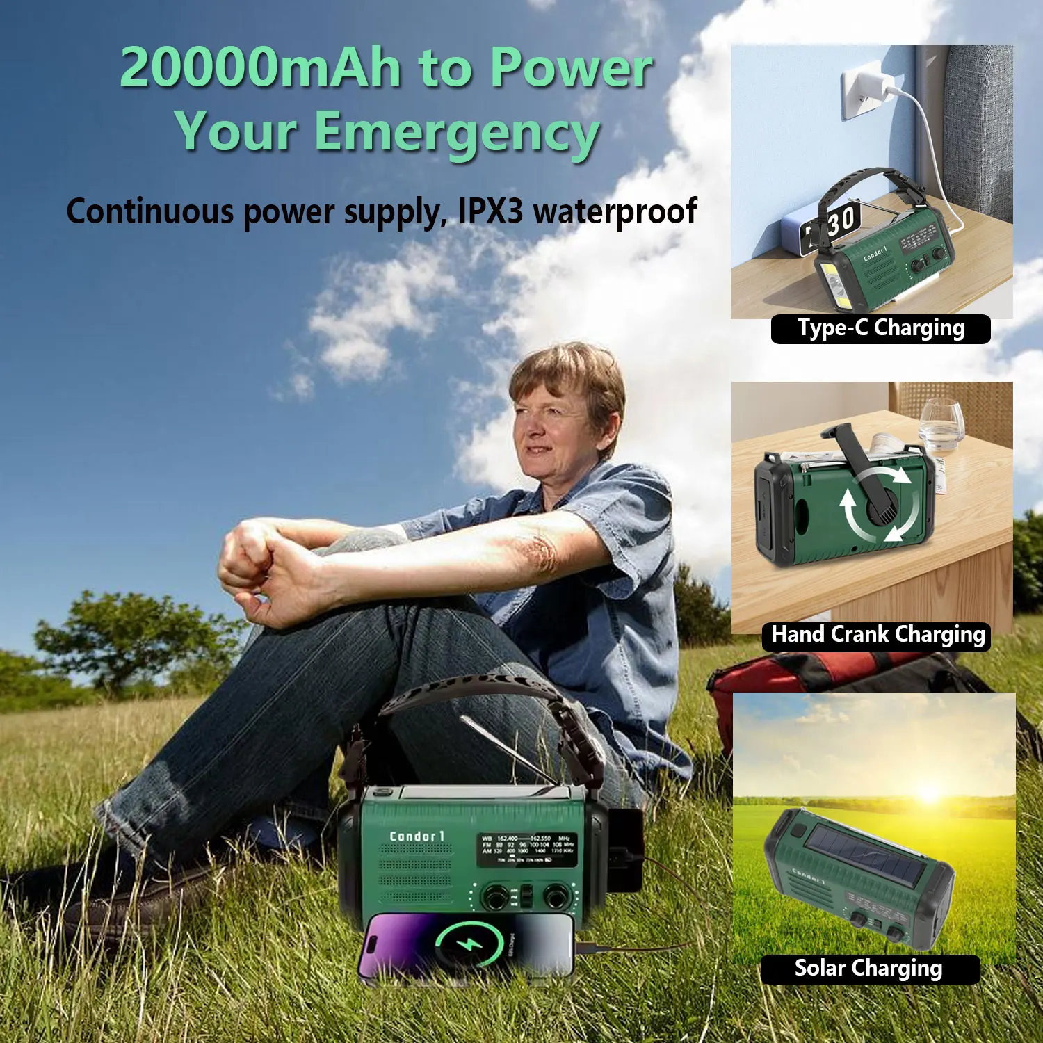 Portable 20000mAh LED Radio Emergency Weather Band AC Power Supply Solar Hand Crank USB SOS Alarm Digital Display Flashlight