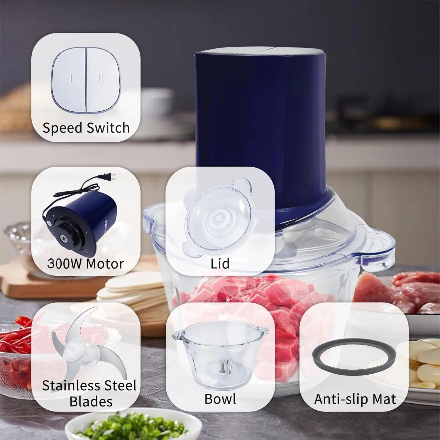 1.8L Mini Electric Stainless Steel Food Chopper 300W Meat Grinder for Home and Restaurant Use Copper Motor