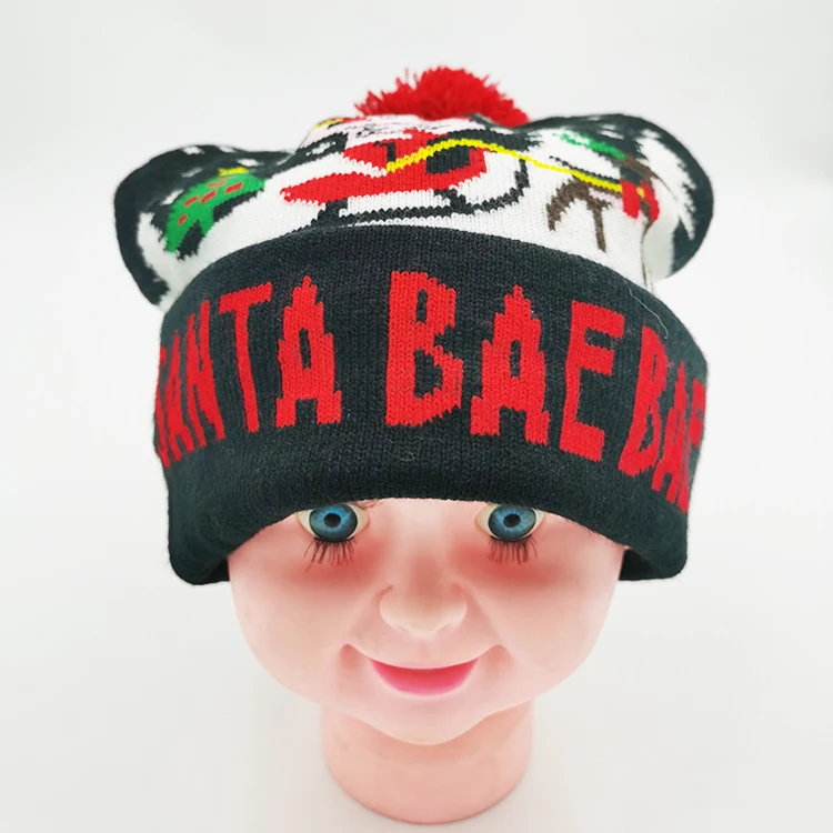 Wholesale funny novelty Christmas hat with pompom Custom hat Santa Claus pattern
