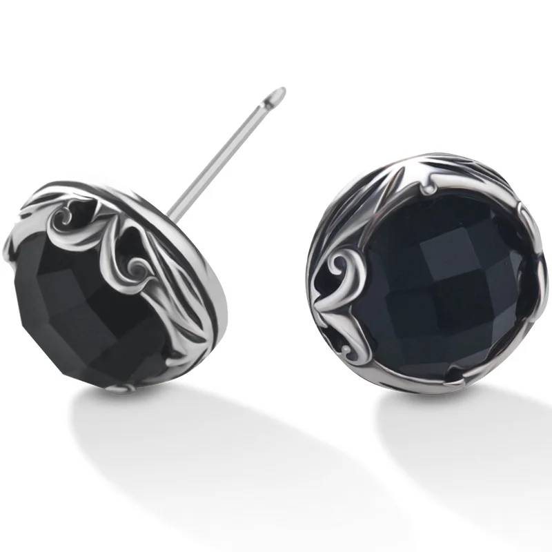 Simple Style Round Diamond Beads Stud Earrings Black Onyx Stud Earrings For Ladies