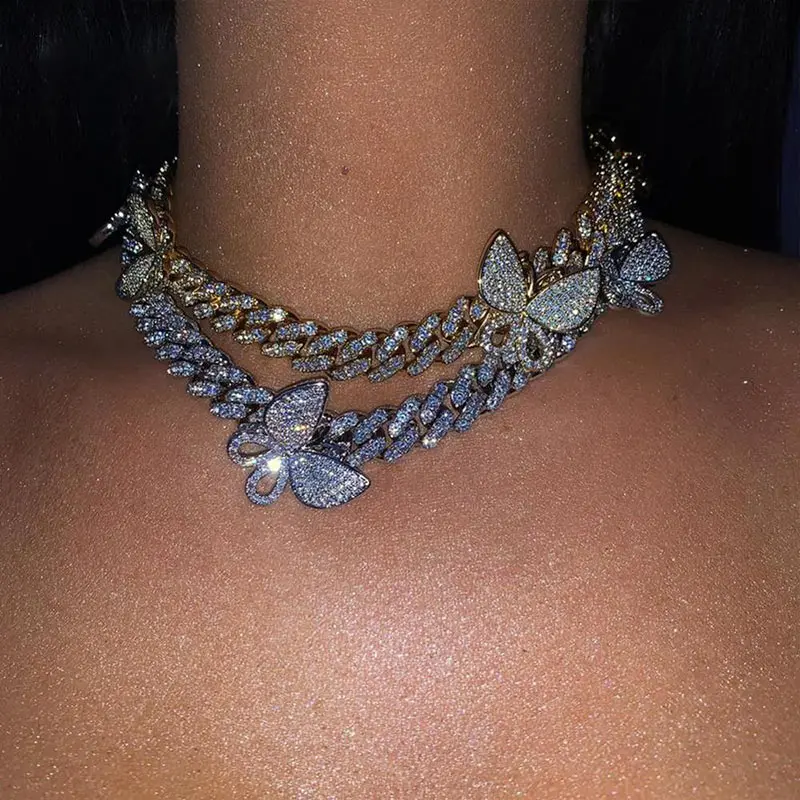 2020 Women Men Hip Hop Luxury Iced Jewelry Personality Gold Plated Crystal Butterfly Choker Rhinestone Cuban Link Chain Necklace