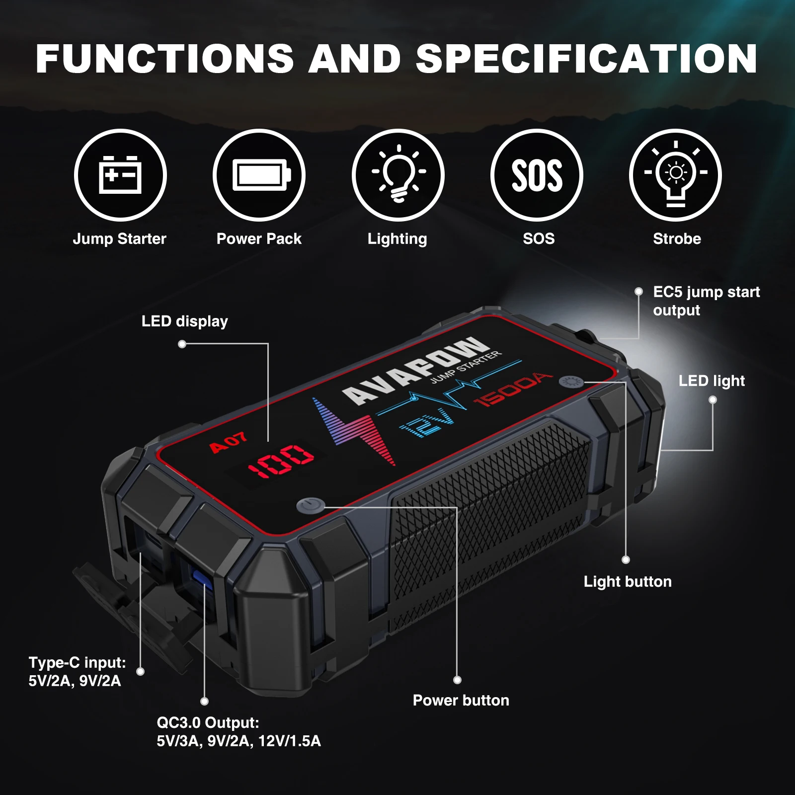 A07  AVAPOWPortable car jump start Multifunction jump starter power bank with Flashlight Battery Jump Starter