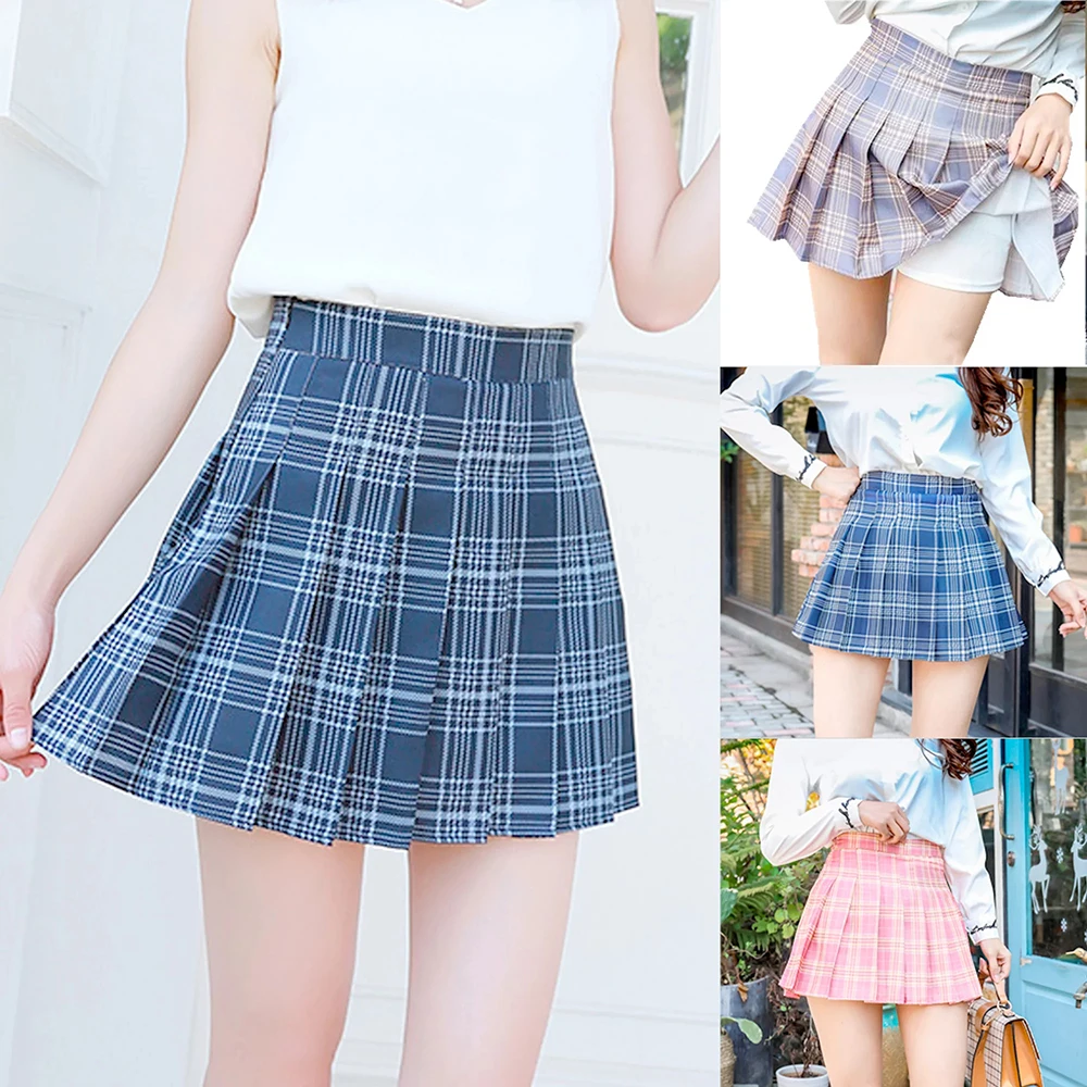 High Waist Stitching Student Pleated Skirts Women Plaid Cute Sweet Girls Mini Uniform Tennis Skirt