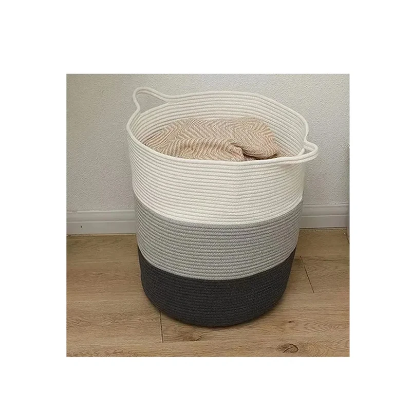 wholesale round handwoven 100% cotton baby laundry basket fabric storage basket with handles