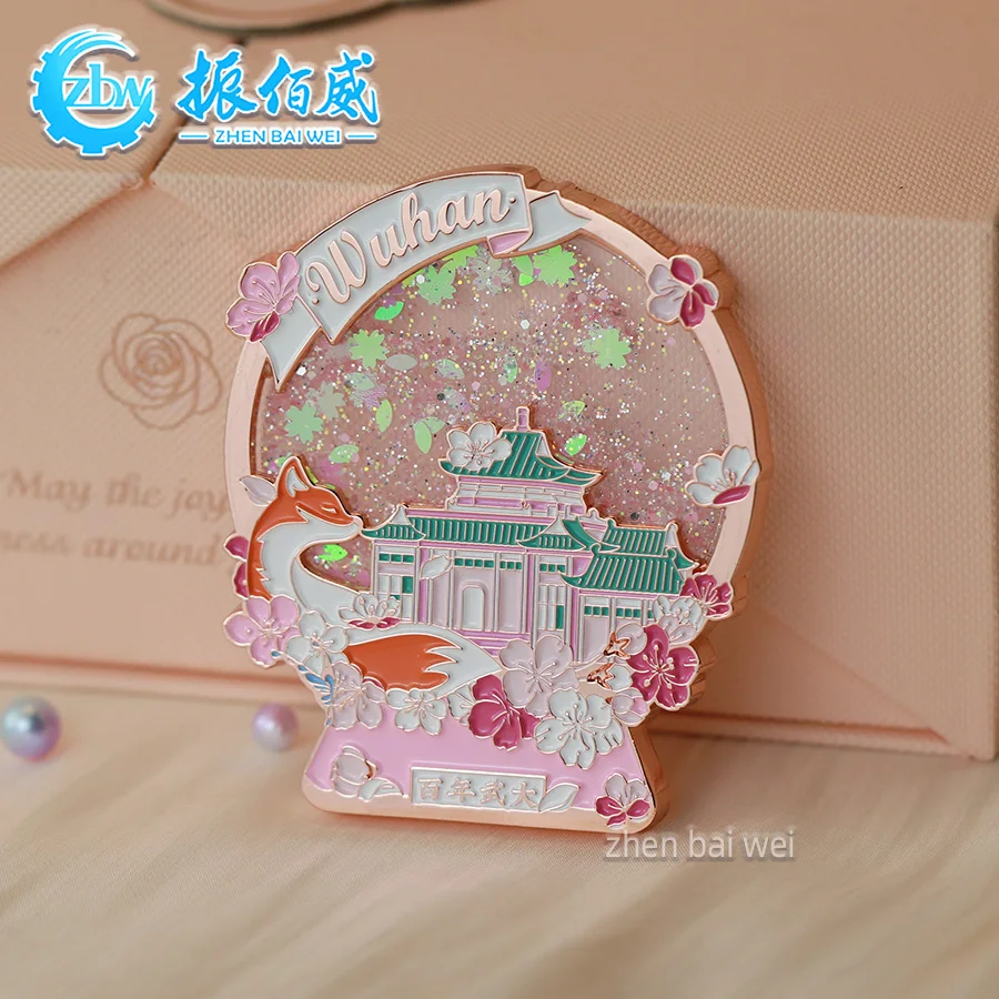 Electroplated rose gold Wuhan soft enamel quicksand refrigerator sticker custom scenic spot metal refrigerator sticker custom