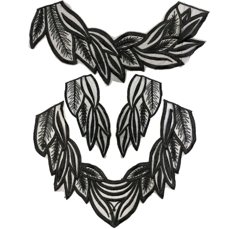 Net fabric embroidery lace false collar four piece set with black polyester collar bright light embroidery