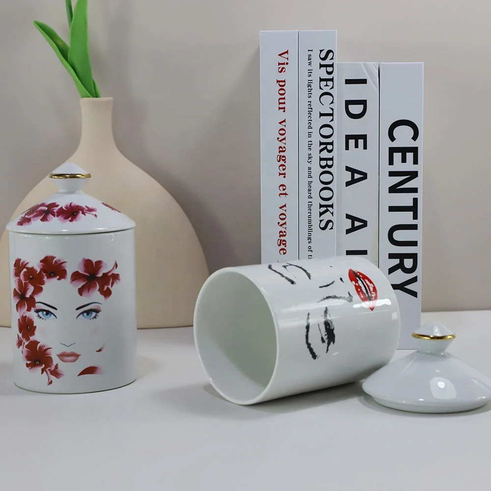 Synwish 12 oz Eco-friendly ceramic porcelain custom empty lady face candle jar with matching lid and wooden box