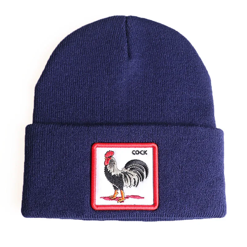 Popular Animal Rooster Embroidery Knitted Hat Deer Fox Wolf Elephant Tiger Shark Scorpion Sleeve Ski Cap Winter Cold Beanie