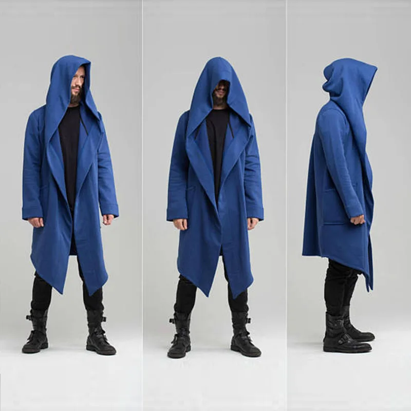 Men Hooded Sweatshirts Black Hoodies Fashion Jacket long Sleeves Cloak Coats Outwear Medieval Costume