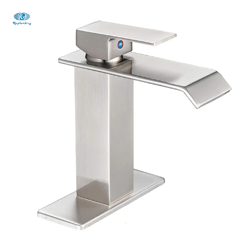 Modern Commercial Short Brushed Nickel One Handle Basin Mixer Tap Single Hole Deck Mount Waterfall Spout Bathroom Sink Faucet
