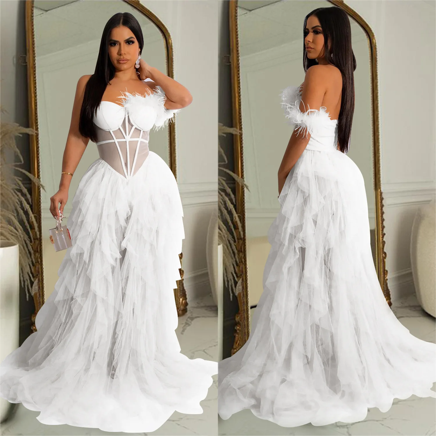 Strapless Corset Mesh Dress Party Gowns Elegant Lady Beautiful Sleeveless Evening Dresses