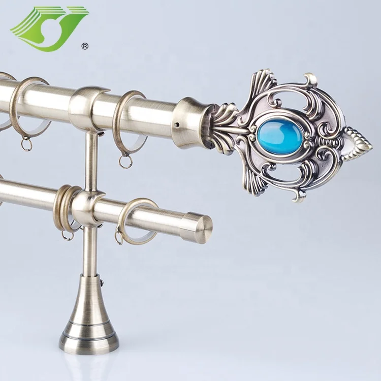 Window adjustable extendable metal curtain rod for home antique brass double bracket curtain rod