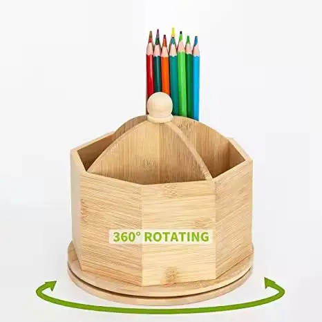 Bamboo Rotating Pen Holder Art Supply Organizer with 4 Compartments Bamboo Revolving Pencil Holder