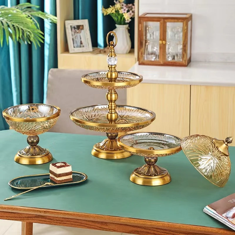 Bronze Metal Foot Amber Clear Glass Fruit Plate Bowl Multilayer Fruit Snack Candy Plate Supplier