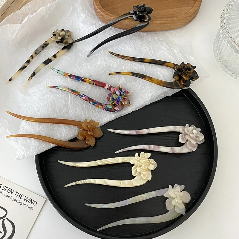 Acetate Hair Fork Carved Hair Chopstick Stick for Women Girl Vintage Chinese Style Packing Lady Color Accept Material Decoration