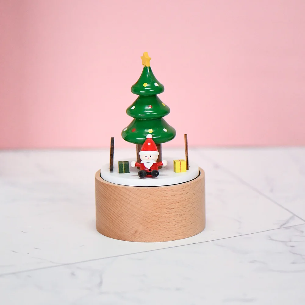 Christmas Tree Decoration Santa Claus Custom Logo Tune Melody Rotating Wooden Musical Box