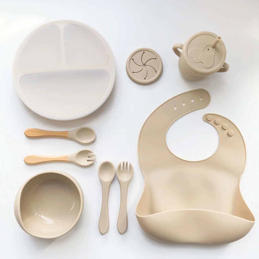 Baby Led Weaning Plate Set With Owl Silicone Adjustable Bib Suction Bowl Fork Spoon Water Snack Cup Feeding Kit For Kids Toddler