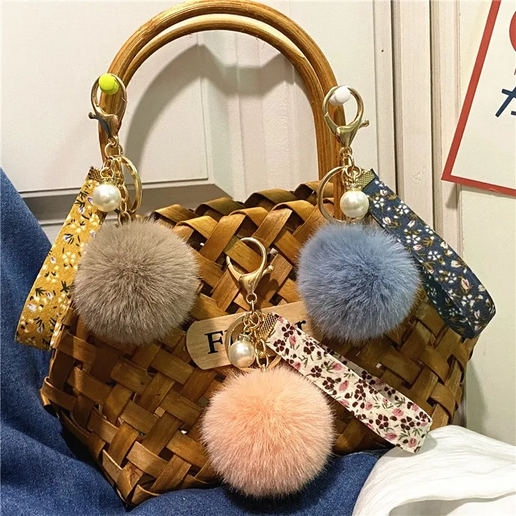 Multicolor Rabbit Fur Ball Keychain Favor Creative Floral Ribbon Keyring Cute Plush Bag Pendant Pearl Car Key Chain Accessories