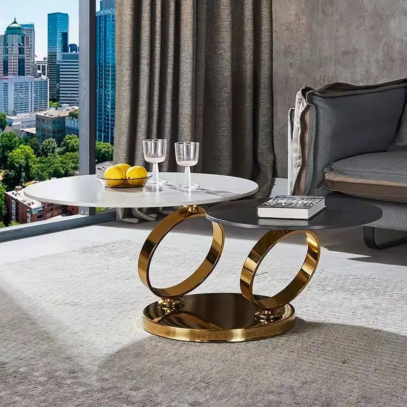 Foshan Furniture Living Room Metal Table Basse 2 Round Marble Centre Table Rotatable Gold Silver Black Steel Frame Coffee Tables