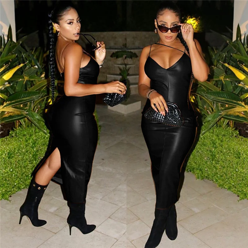 2021 New Arrivals Sexy Cover Hips Long Dress Solid Color Women Bodycon Night Club Wear PU Leather