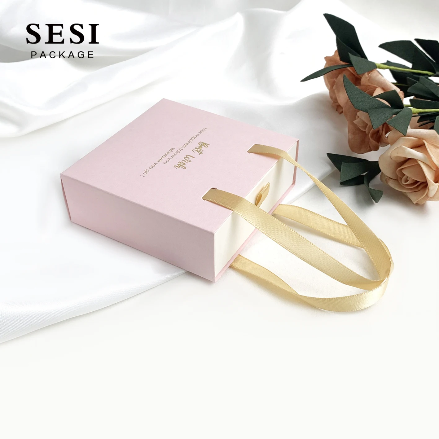 Custom Logo Pink Slide Carton Jewelry Box Packing Drawer Slide Satin Jewellery Box With Handle Ribbon