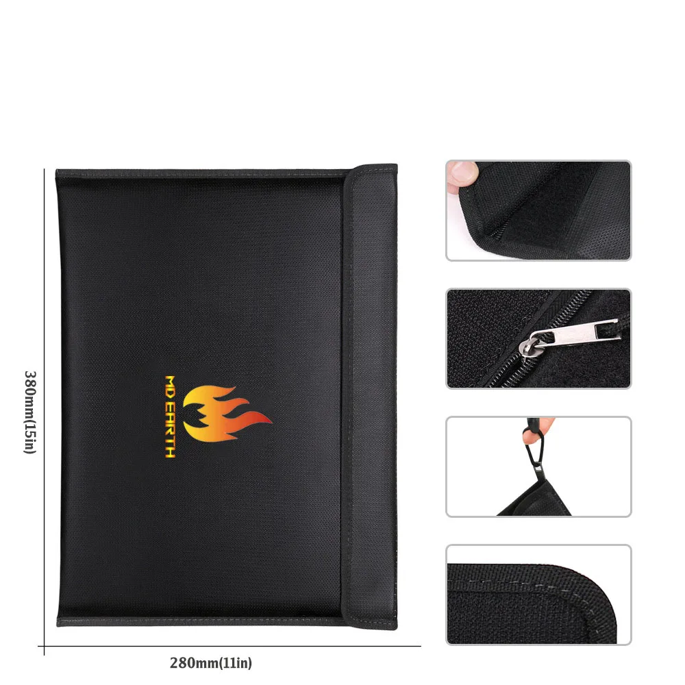 28*38cm In Stock File Holder Waterproof Black Fiberglass Fabric Fireguard Large Capacity Documents Fireproof Bag