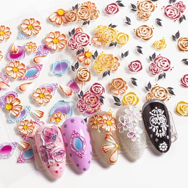 В форме цветка в форме листа 5D тиснением Наклейки для ногтей, переводятся на ногти с помощью клейкой пленки