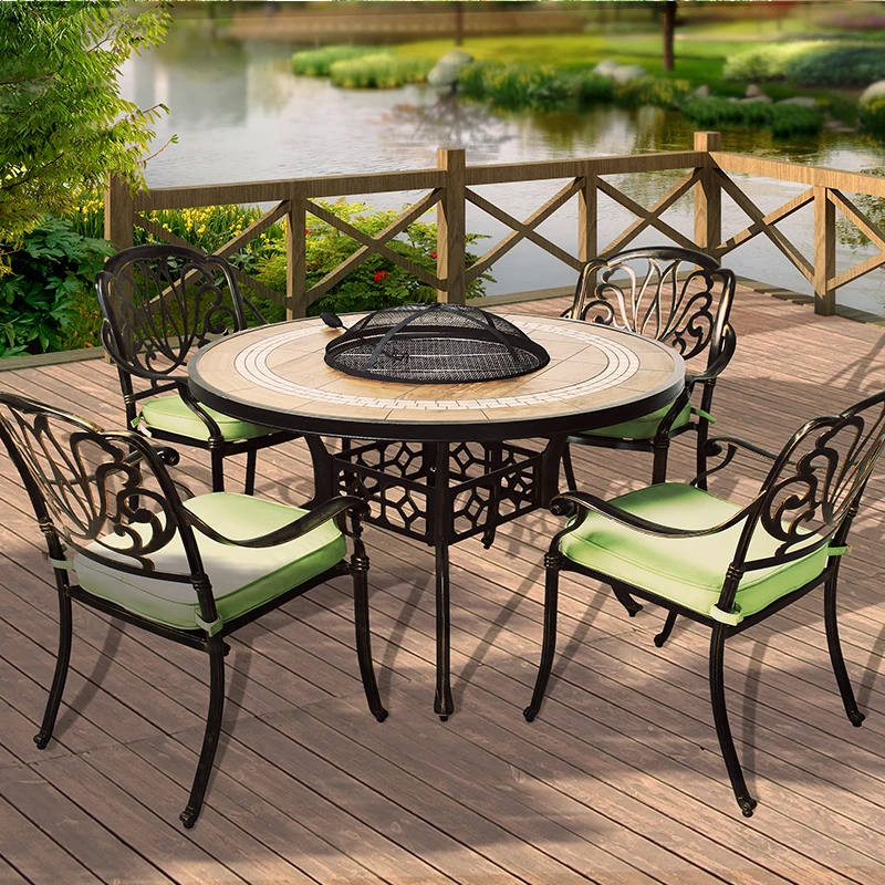 Round Wood Burning Garden Cast Aluminum Wrought Iron Furniture Outdoor Korean BBQ Grill Table and Chair Sets