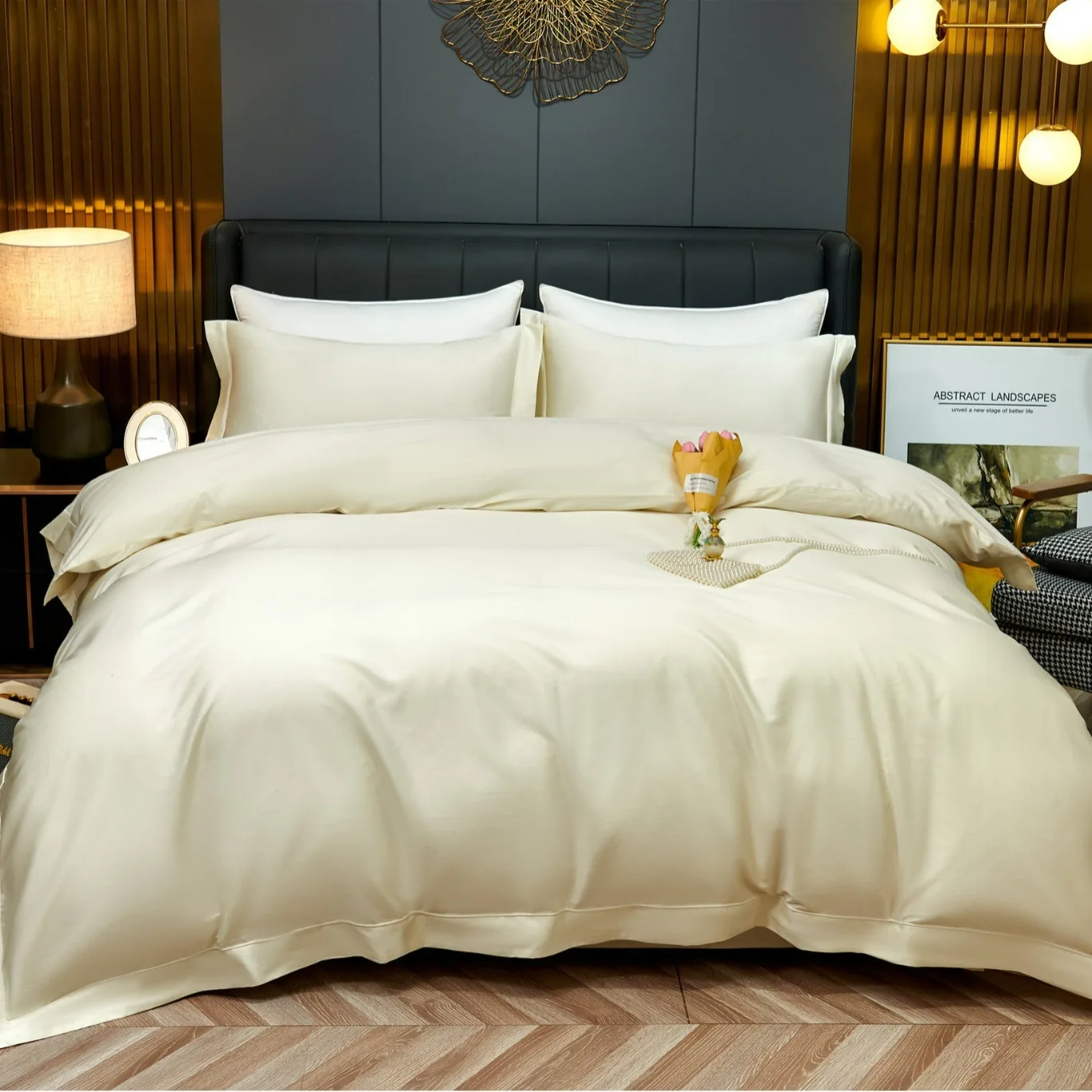 60s Solid color bamboo fiber 4-piece sheet and duvet set Single double household bedding set